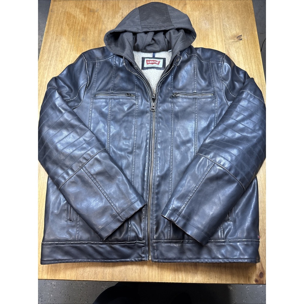 Levi's Men's Black Faux Leather Hooded Jacket Zip Front Coat Sz Large Biker - Picture 2 of 16